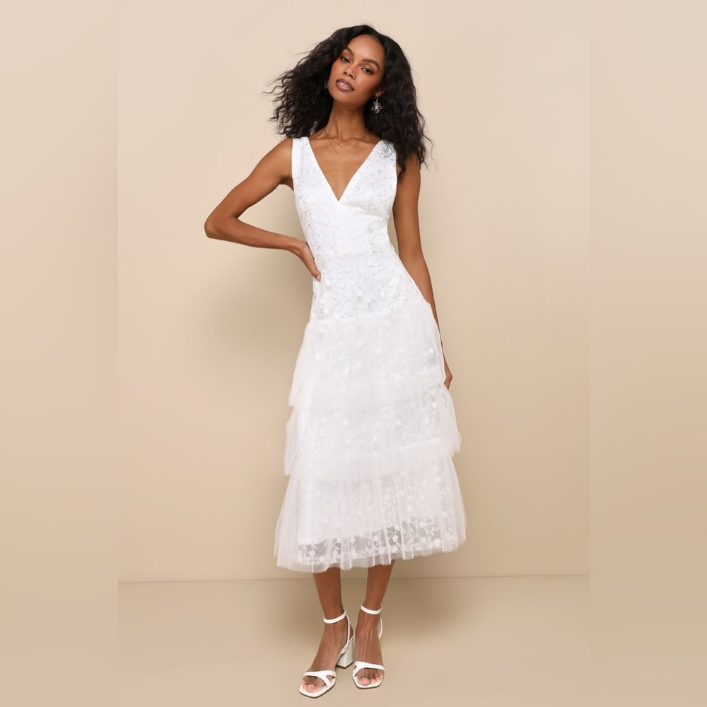 Lulu's White Tiered Lace Midi Dress